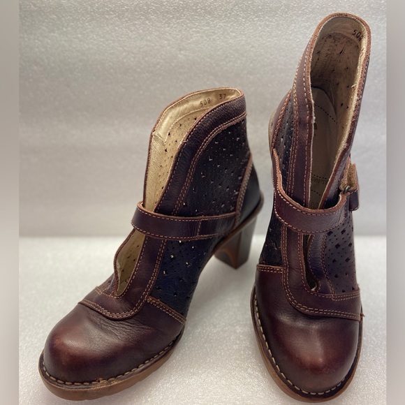 El Naturalista Shoes - El Naturalista Spain Perforated Nubuck Leather Brown Heeled Booties Size 6.5
